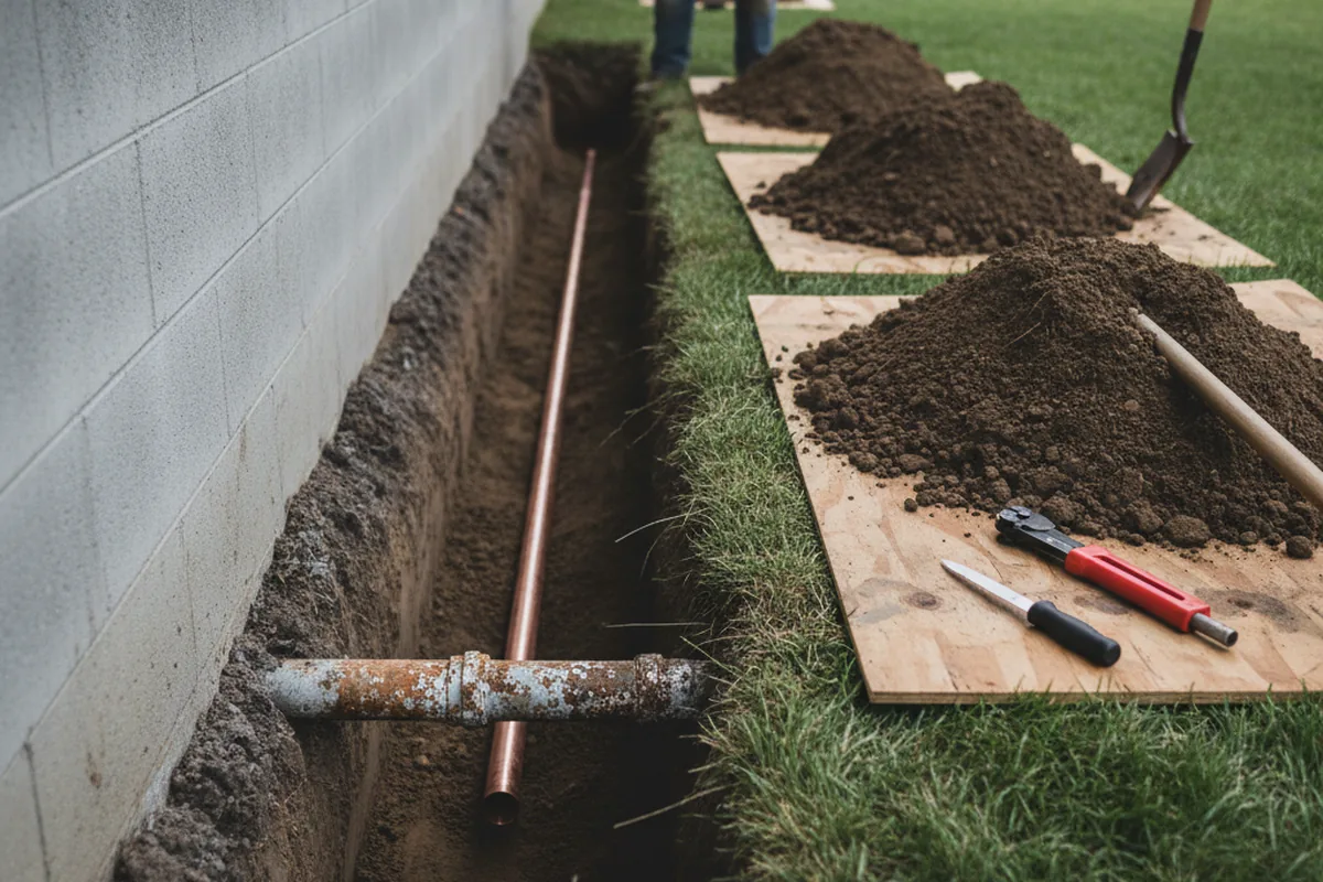 Excavated water line trench during Water Softener Installation in Statesville